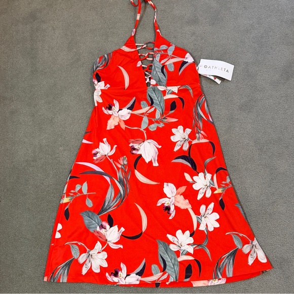 NWT - Athleta Loop Swim Dress in Vibrant Orange Floral. V-Neck Halter. Medium. - Picture 8 of 10